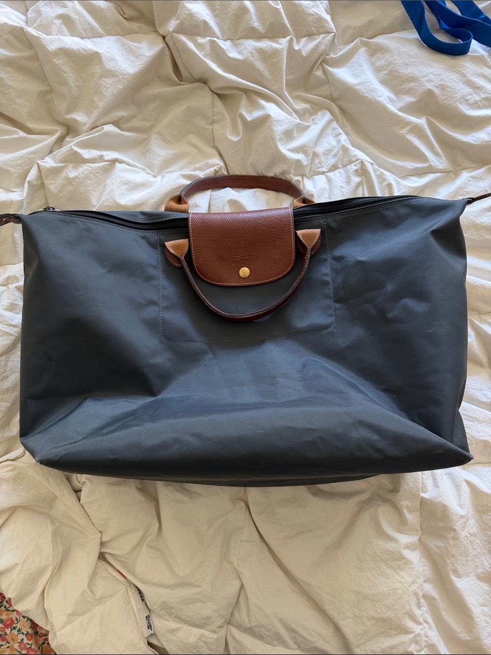 Longchamp Le Pliage Nylon Tote Weekender Bag in Black/Grey  with Brown Trim